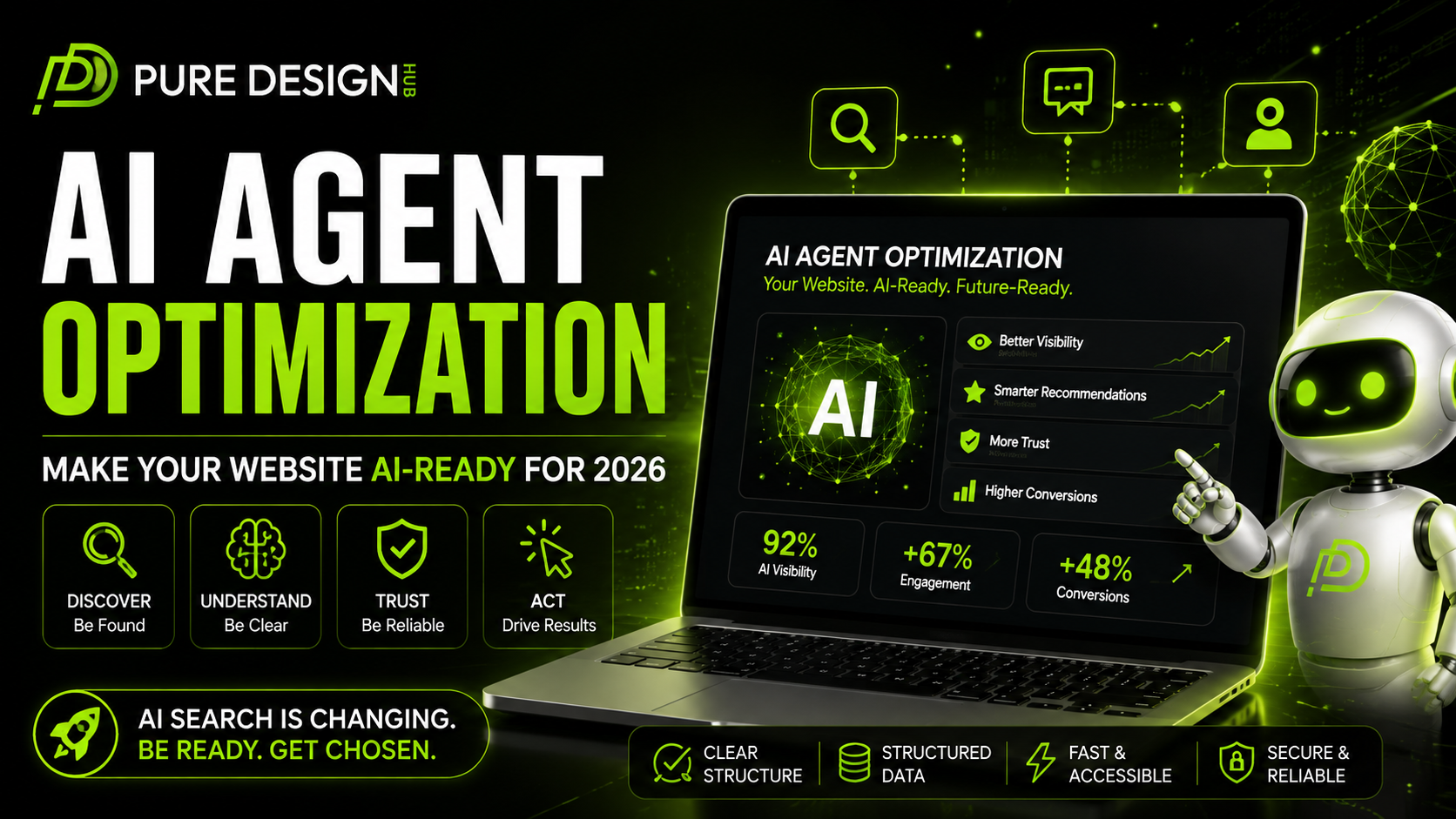 AI agent optimization for websites showing an AI-powered search interface and website visibility