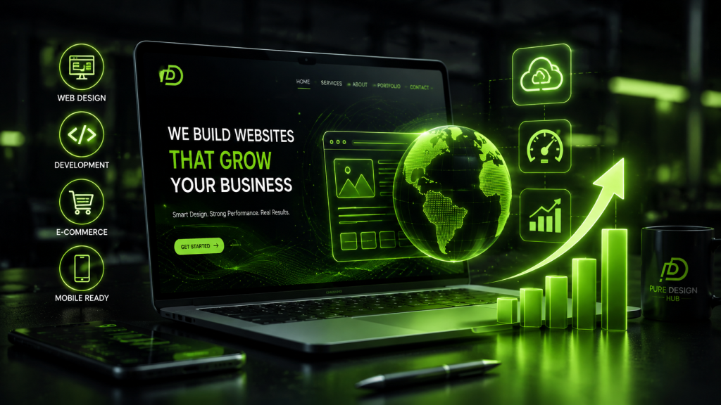 Modern website development services USA concept showing a business website, web design, ecommerce solutions, mobile optimization, and growth analytics