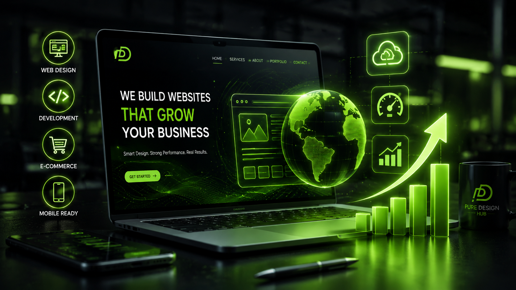 Modern website development services USA concept showing a business website, web design, ecommerce solutions, mobile optimization, and growth analytics