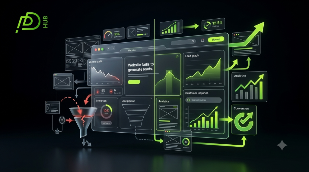 Website not generating leads and conversion optimization dashboard showing traffic, lead funnel, analytics, and improved conversions