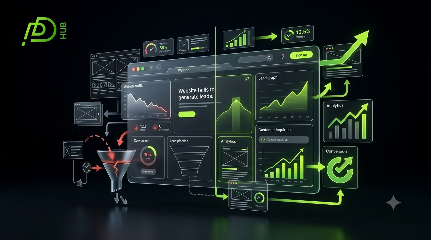 Website not generating leads and conversion optimization dashboard showing traffic, lead funnel, analytics, and improved conversions