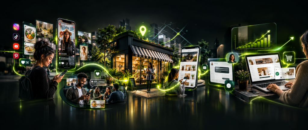 A small business storefront labeled Pure Design Hub connected through glowing digital lines to social media apps, mobile screens, local customers, and growth analytics dashboards.