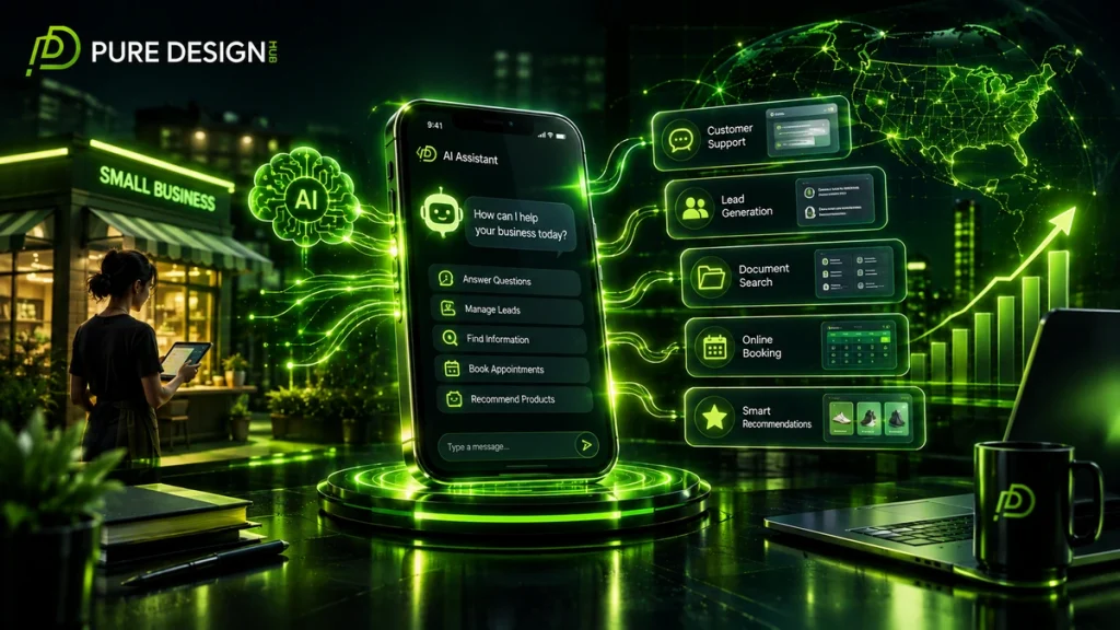 AI app development for small businesses showing an AI assistant, business automation tools, and digital growth