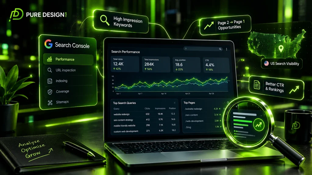 Google Search Console dashboard showing SEO performance, search queries, rankings, and US search opportunities