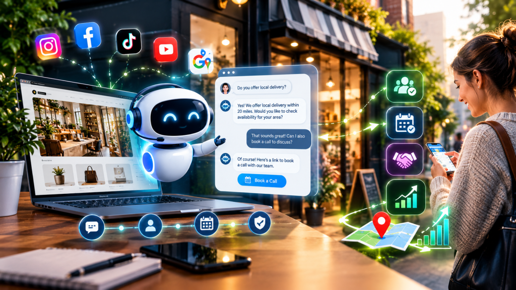 AI chatbot integration for small businesses showing an AI assistant answering website questions, capturing leads, and helping customers book calls.