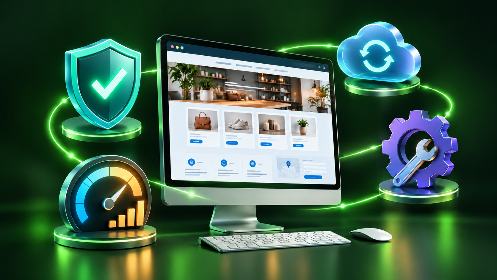 Website maintenance illustration featuring security protection, cloud backups, software updates, and performance monitoring for small businesses.