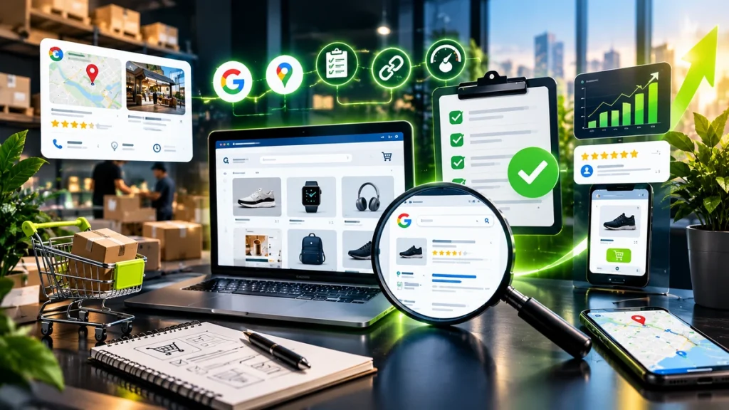 Ecommerce SEO audit showing product pages, Google search, technical checks, reviews, and online store performance