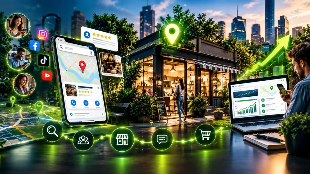 Local SEO for small businesses showing Google Maps, customer reviews, local search, and business growth